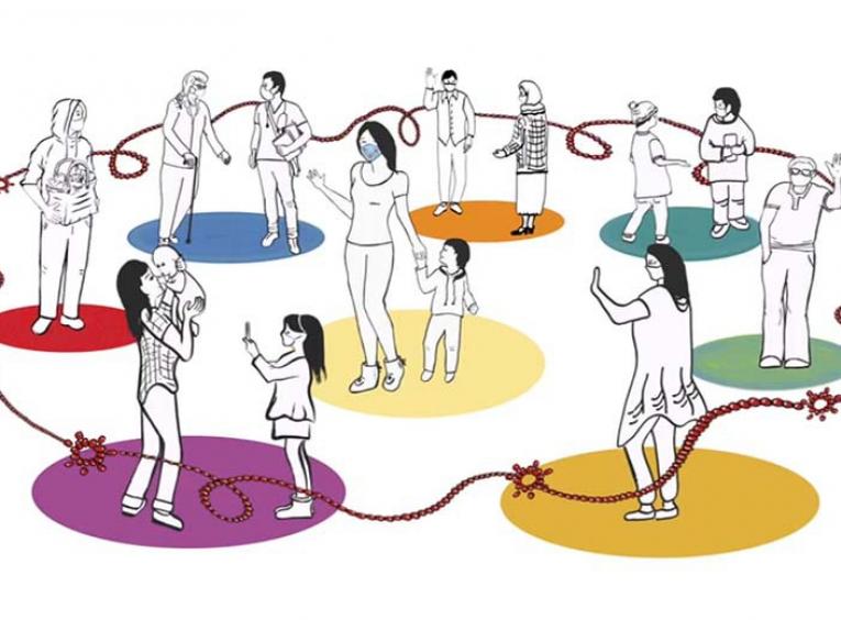 Drawing of people in a circle, standing on different coloured dots, connected by a beaded rope