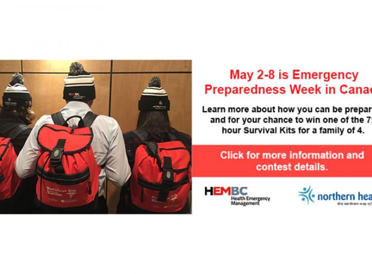 Three people wearing survival backpacks to celebrate emergency preparedness week