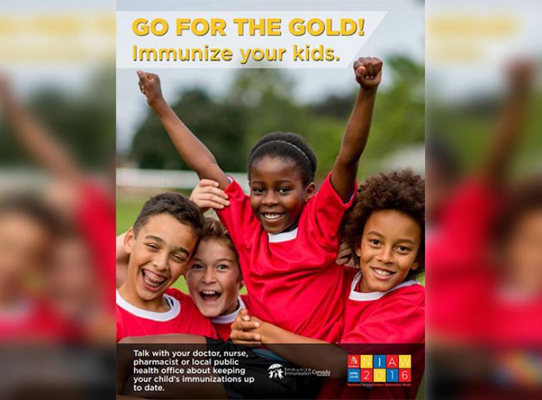 Group of children smiling on the immunization awareness poster