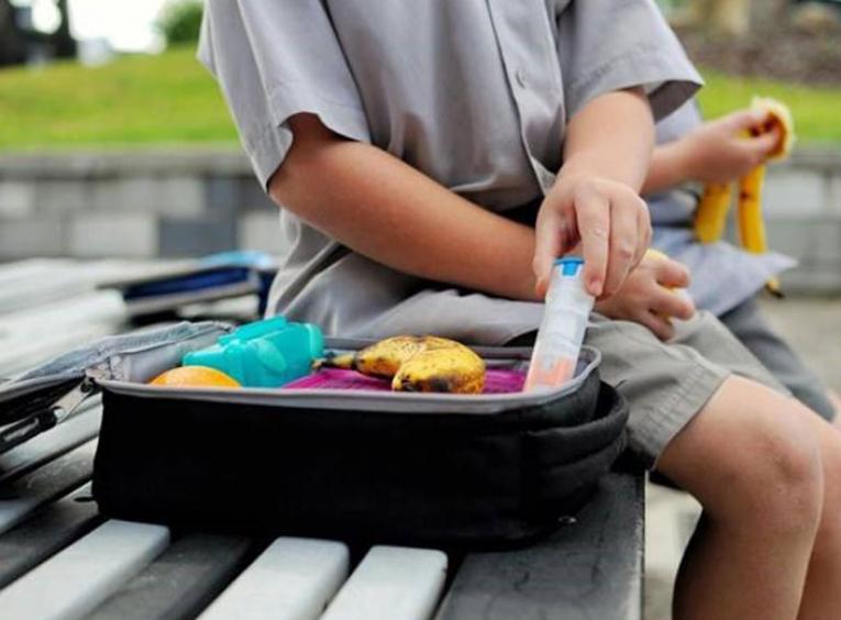 Open lunchbox showing epipen and food next to child on bench