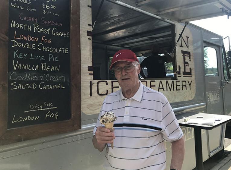 Man with ice cream cone wearing hat