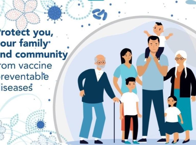 graphic of a group of people with the text "protect your family and community from vaccine preventable diseases"