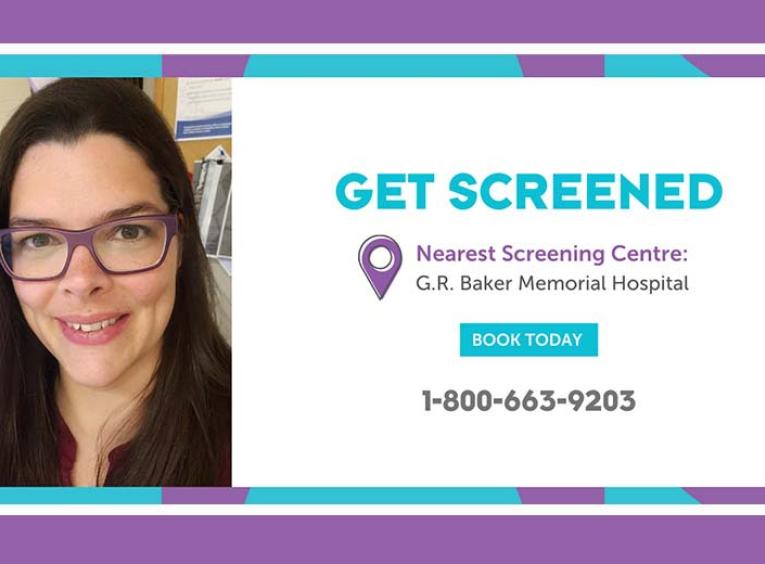 a woman with brown hair and glasses next to a graphic asking people to get screened for breast cancer