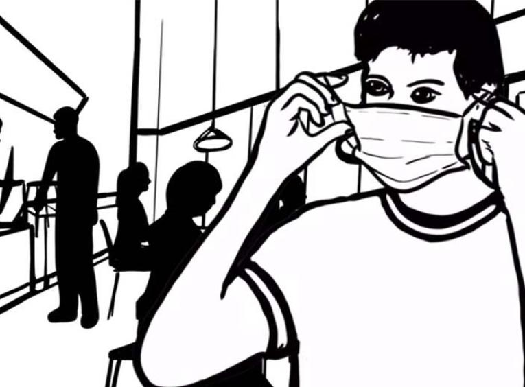 a black and white animation of a man putting a mask on when he enters the coffee shop and sees that it is busy/crowded