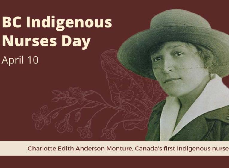 a graphic that says BC Indigenous Nurses Day with an image of Edith Monture on the right side
