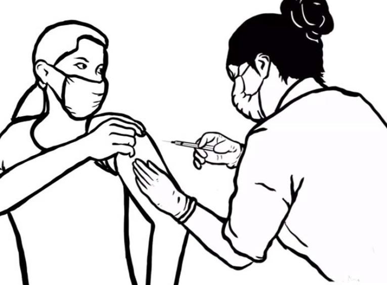 a black and white graphic of a nurse giving a vaccine to a woman