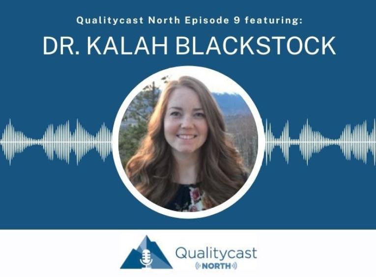 a blue graphic with a the words "Dr. Kalah Blackstock" and picture of a blonde woman with long hair in the centre