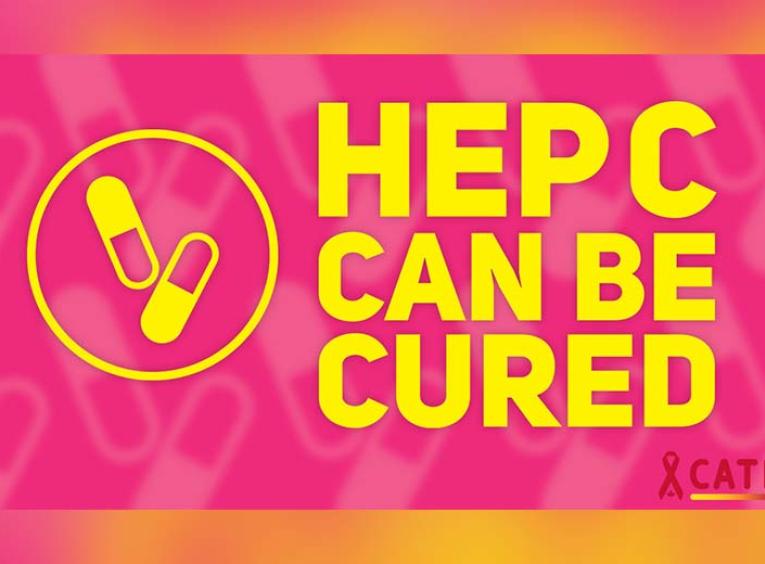a yellow and pink graphic that reads "Hep C can be cured"