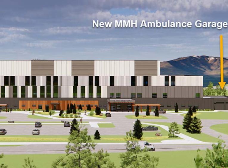 a mock up of the new hospital showing the ambulance entrance at the far right