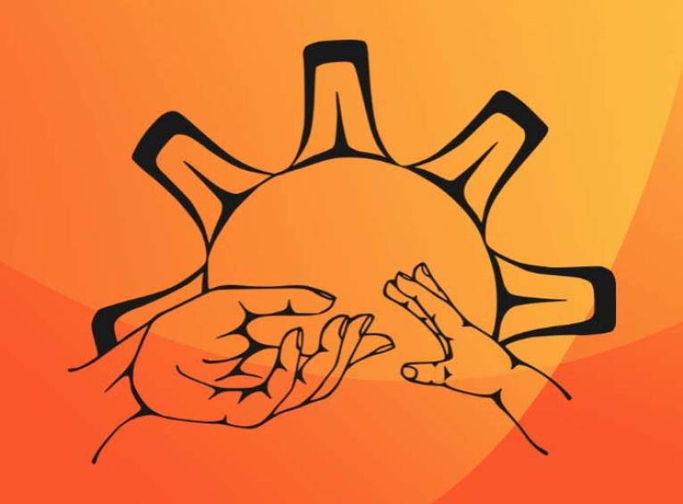 an orange gradient background with a black graphic. The black graphic is a line drawing of a sun with an adult hand reaching out to a childs hand 