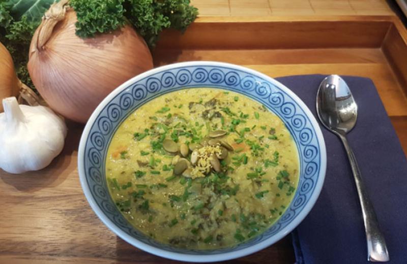 Bowl of Curried Cauliflower Kale Soup