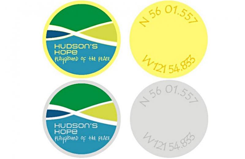 Geocaching coins graphic with geocaching coordinates