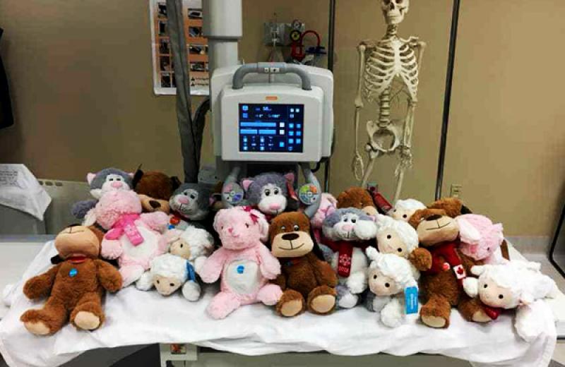 A hospital bed is covered in stuffed animals. 