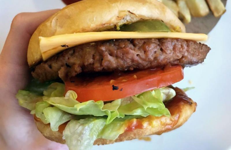 A hand holds a meaty-looking plant-based burger.