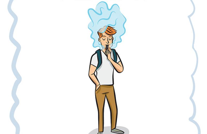 A drawing of a youth vaping, with smoke around his head, says, "Vaping exposes you to harmful chemicals."