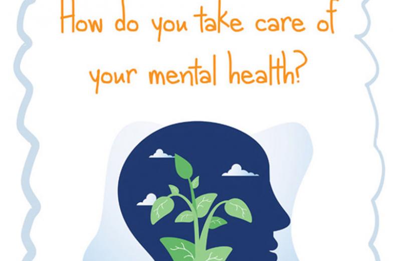 One of the graphics used during the Youth Mental Health campaign. This one says, "How do you take care of your mental health?" There is a silhouette of the side view of a head with a plant growing in it.