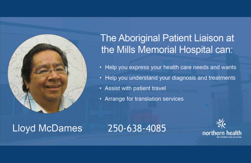 Lloyd McDames smiles at the camera. Text highlights what Llyod, an Aboriginal Patient Liason at Mills Memorial.