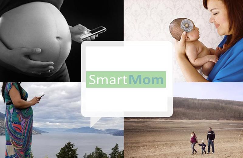 SmartMom collage depicting a pregnant belly, a lady holding a newborn, someone kissing a newborn, and a family of three walking at a distance.