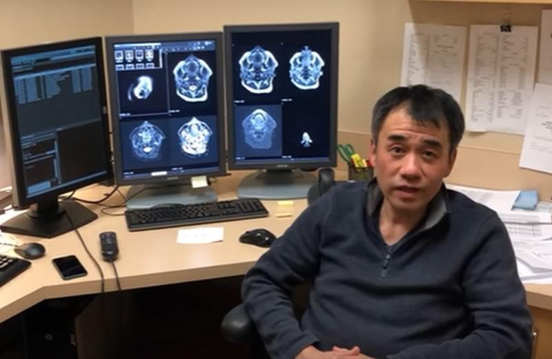 man with dark hair viewing mri images on computer screen.