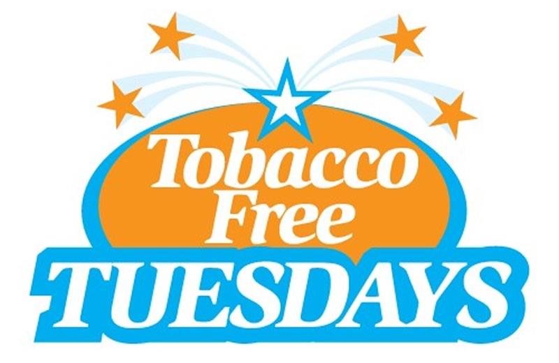 Orange and blue graphic stating Tobacco Free Tuesdays
