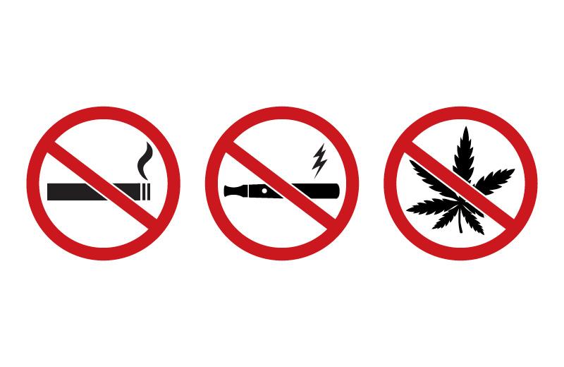 No smoking, no vaping, and no marijuana signs are shown.