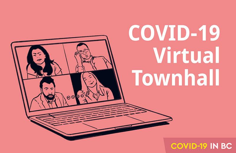 A graphic promotes a COVID-19 virtual townhall and shows an image of people chatting on a laptop screen.
