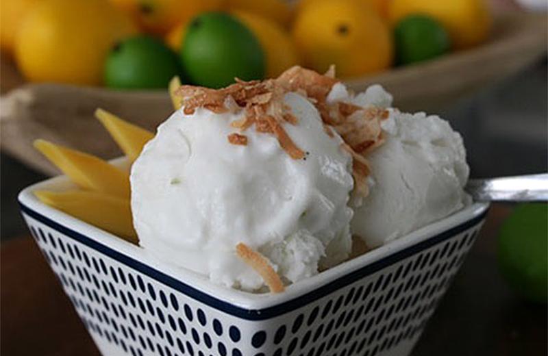 Coconut lime ice cream in a square bowl