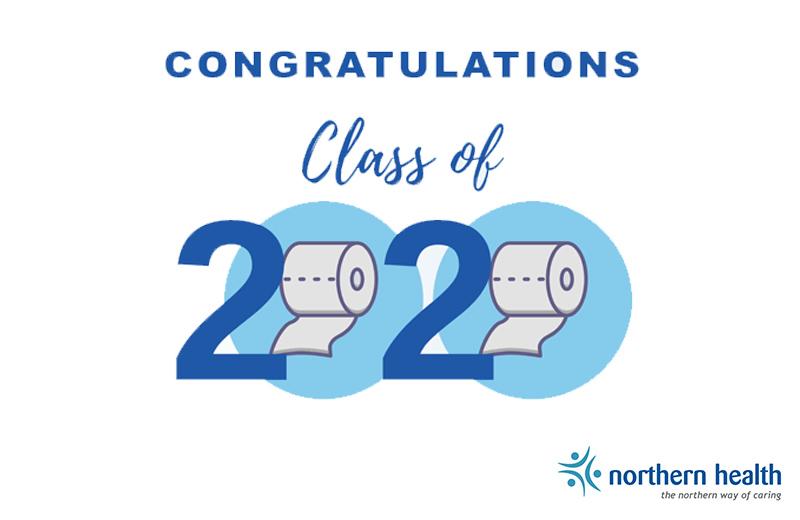 A graphic says, "Congratulations Class of 2020." The rounds of the zeroes are toilet paper rolls.  