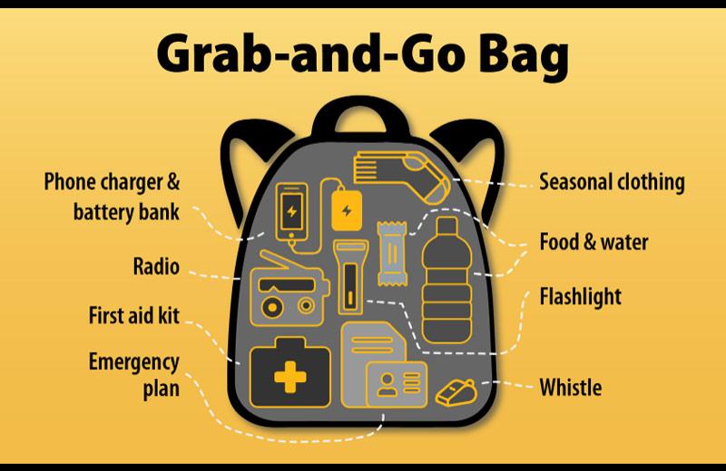 A graphic of a "grab-and-go" bag features a backpack with items to include for emergencies. 