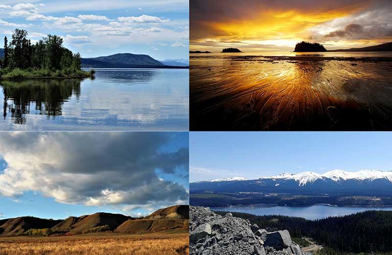 A collage of 4 photos showing a lake, ocean, mountain and plains view.