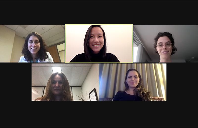 Computer screen with 5 female faces on a zoom video call