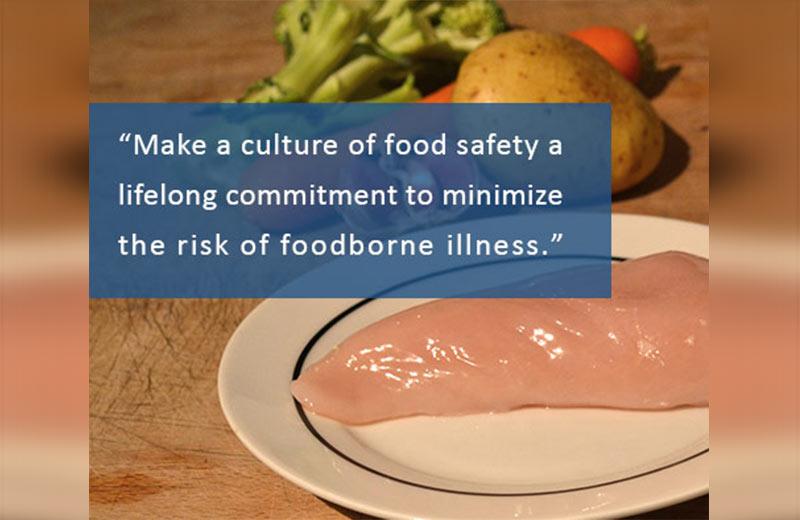 Raw chicken on a plate with quote from article overlaid.