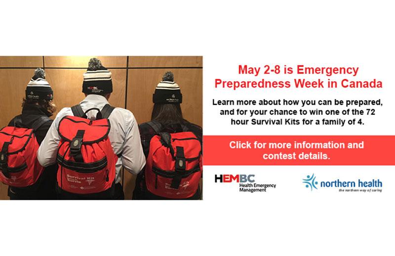 Three people wearing survival backpacks to celebrate emergency preparedness week