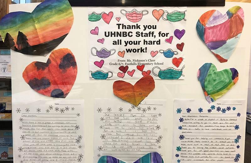 Artwork and letters on display for staff at UHNBC.