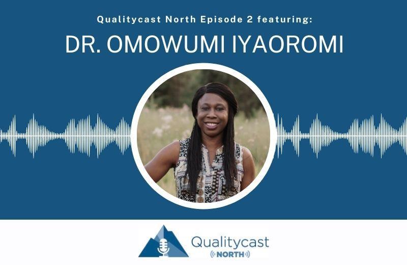 podcast graphic with Dr. Omowumi Iyaoromi  smiling in the centre