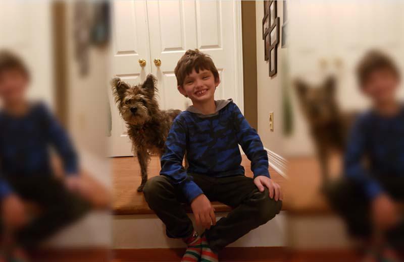 Young child sits on stairs next to small dog