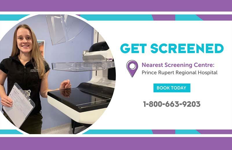 graphic of a blonde woman standing in a health care facility with a message asking people to get screened for breast cancer