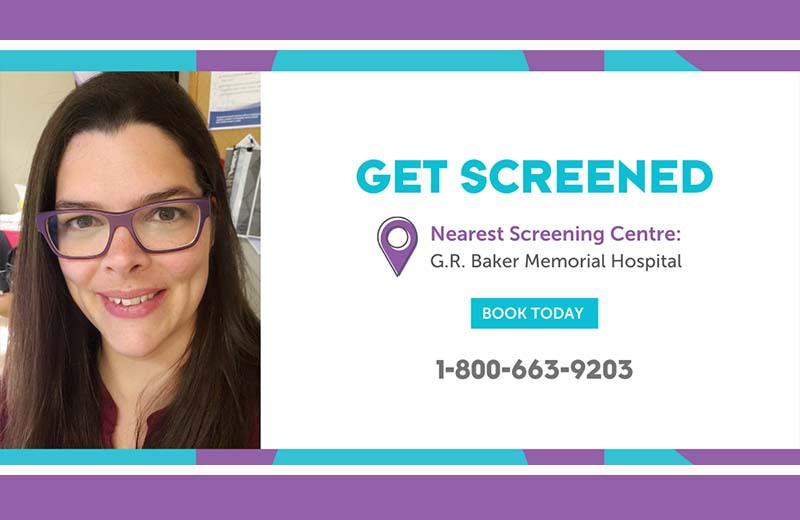 a woman with brown hair and glasses next to a graphic asking people to get screened for breast cancer