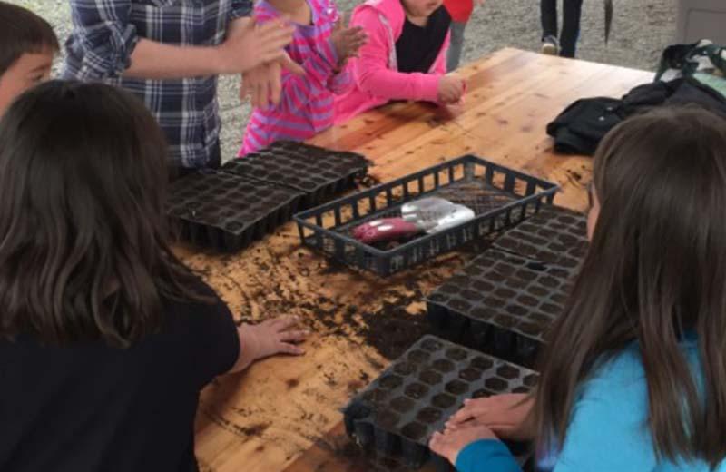 children stand around a table with seeding trays and dirt in front of them