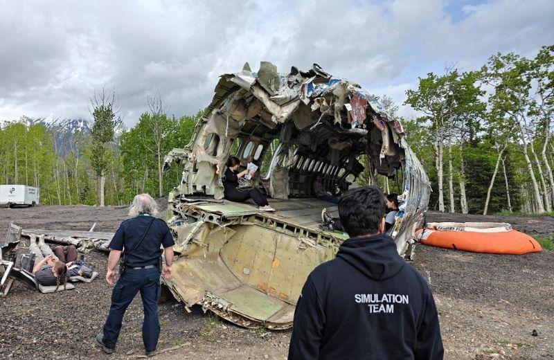 BC first responders walk toward a simulated plane crash