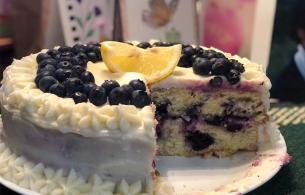 a white cake with white icing. there is a piece missing, you can see blueberries inside. On top of the cake is fresh blueberries and a lemon wedge.