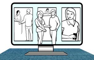 a graphic of a computer playing a scene from the video with two characters talking to one another