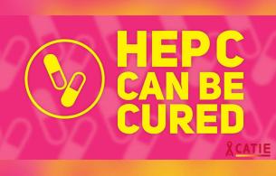 a yellow and pink graphic that reads "Hep C can be cured"