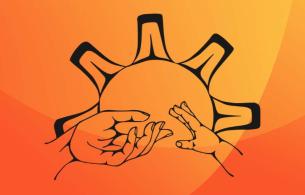 an orange gradient background with a black graphic. The black graphic is a line drawing of a sun with an adult hand reaching out to a childs hand 