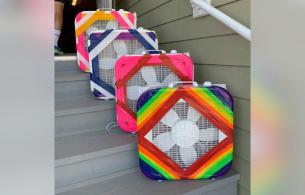 Multi-coloured DIY air filters placed on a set of grey steps